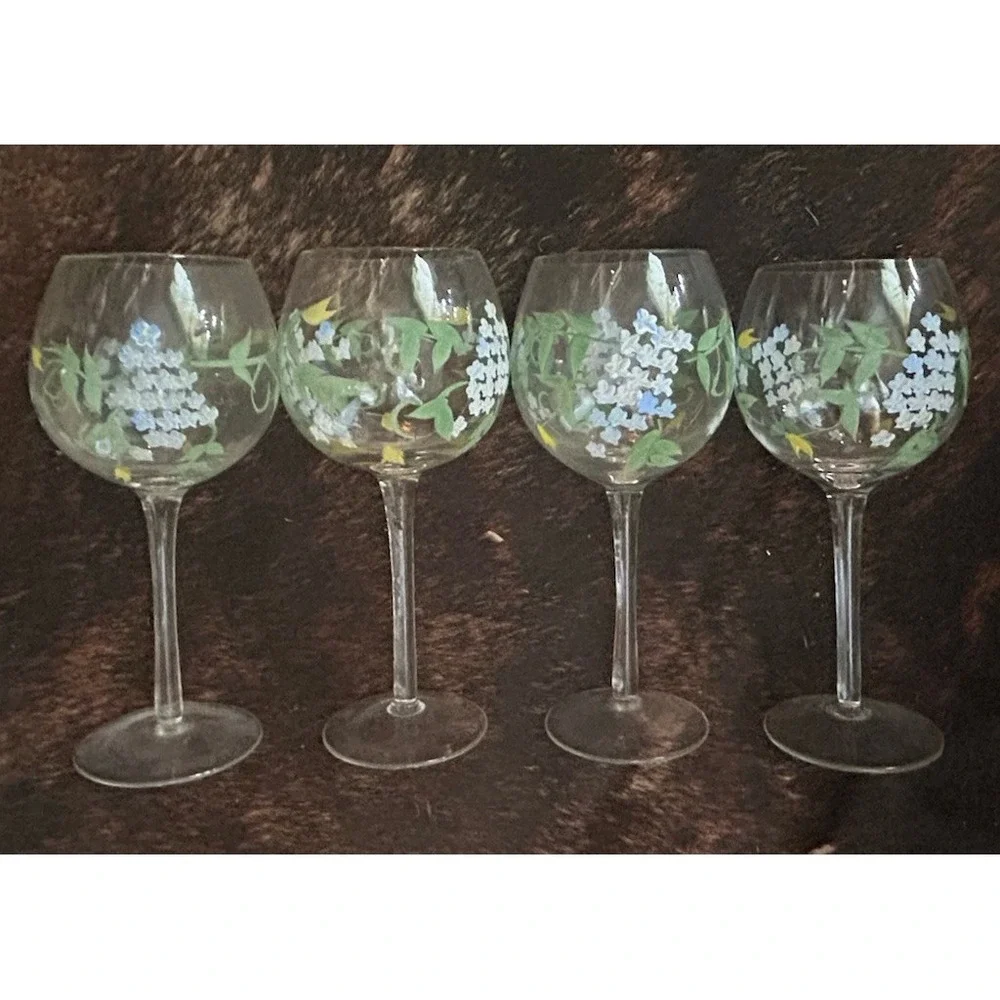 4 Hand Painted Wine Glasses Multicolor Floral 8.5